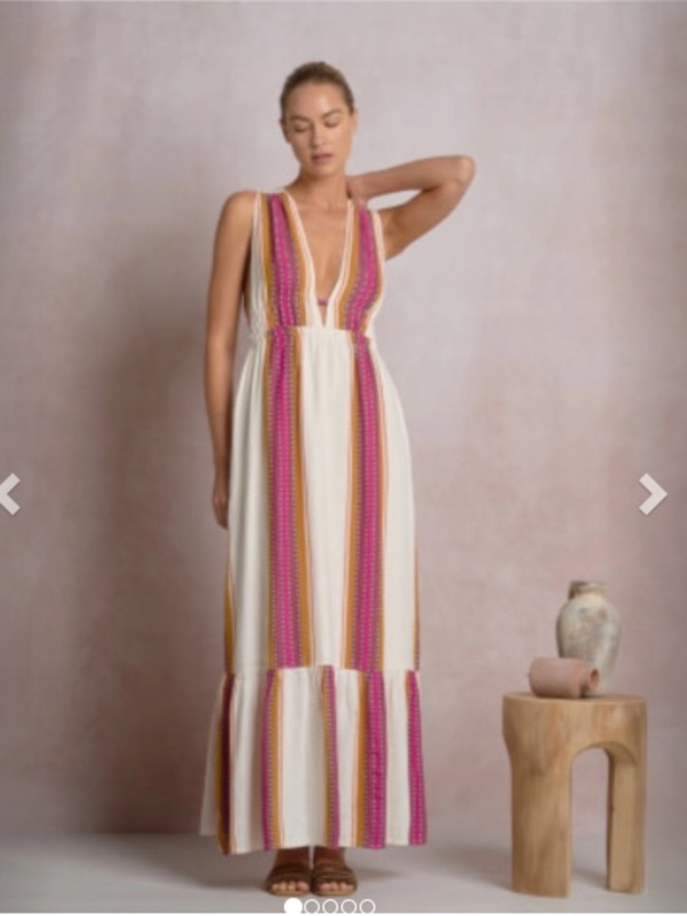 Elan Boho Deep V Striped Maxi Dress in Ivory, Pink & Mustard - Picture 2 of 4